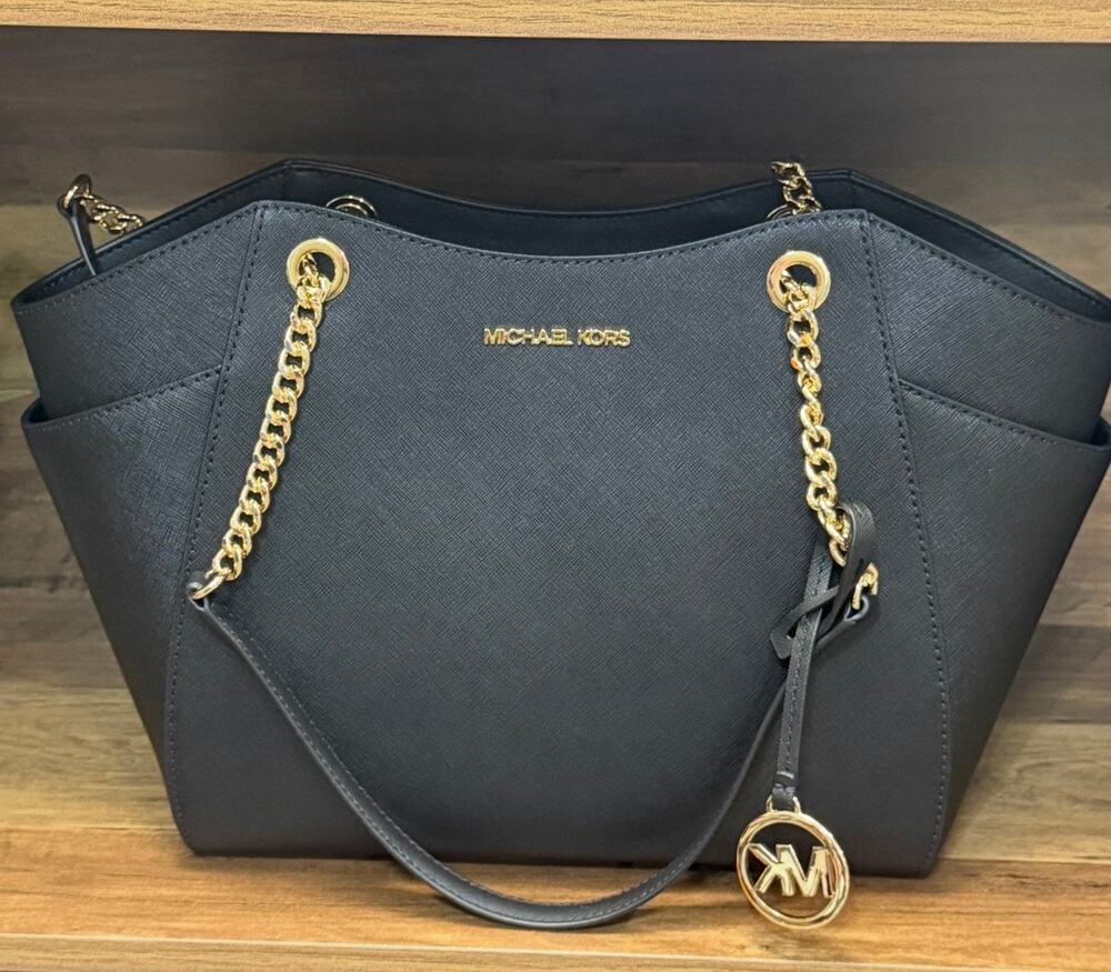 Michael Kors Jet Set Travel Large Chain Tote Bag Saffiano Black Leather